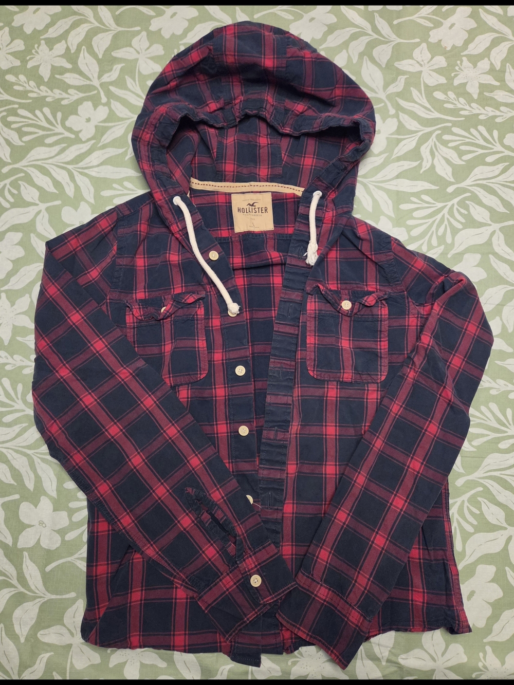 Hollister Red & Navy Plaid Hooded Utility Jacket